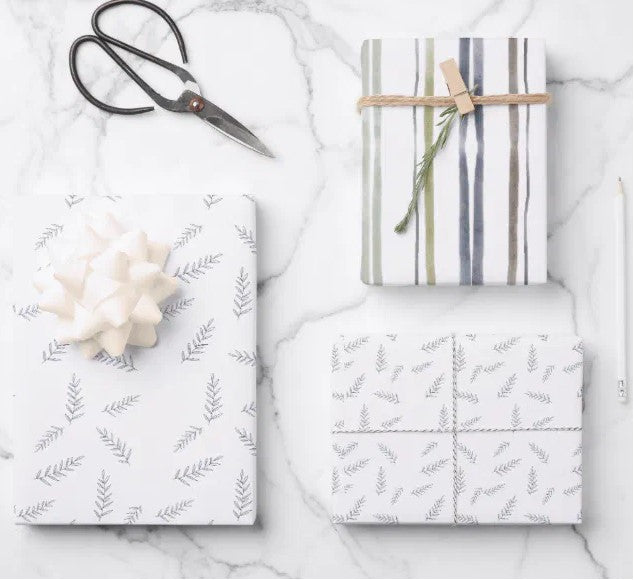 Wrapping Paper Set | Blue Leaves & Stripes | Watercolor