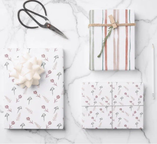 Wrapping Paper Set | Coral Floral & Stripes | Watercolor