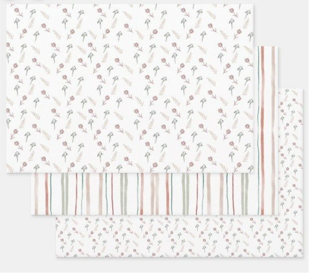 Wrapping Paper Set | Coral Floral & Stripes | Watercolor