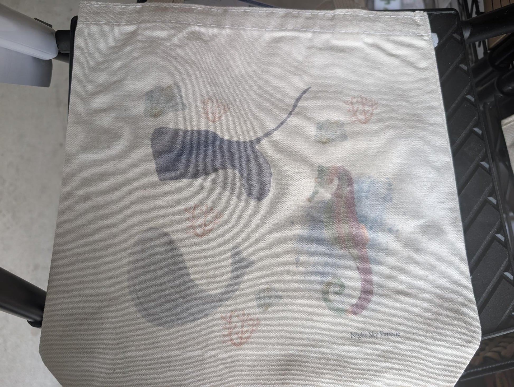 Tote bag with watercolor whale, stingray, sea coral and seahorse designs 